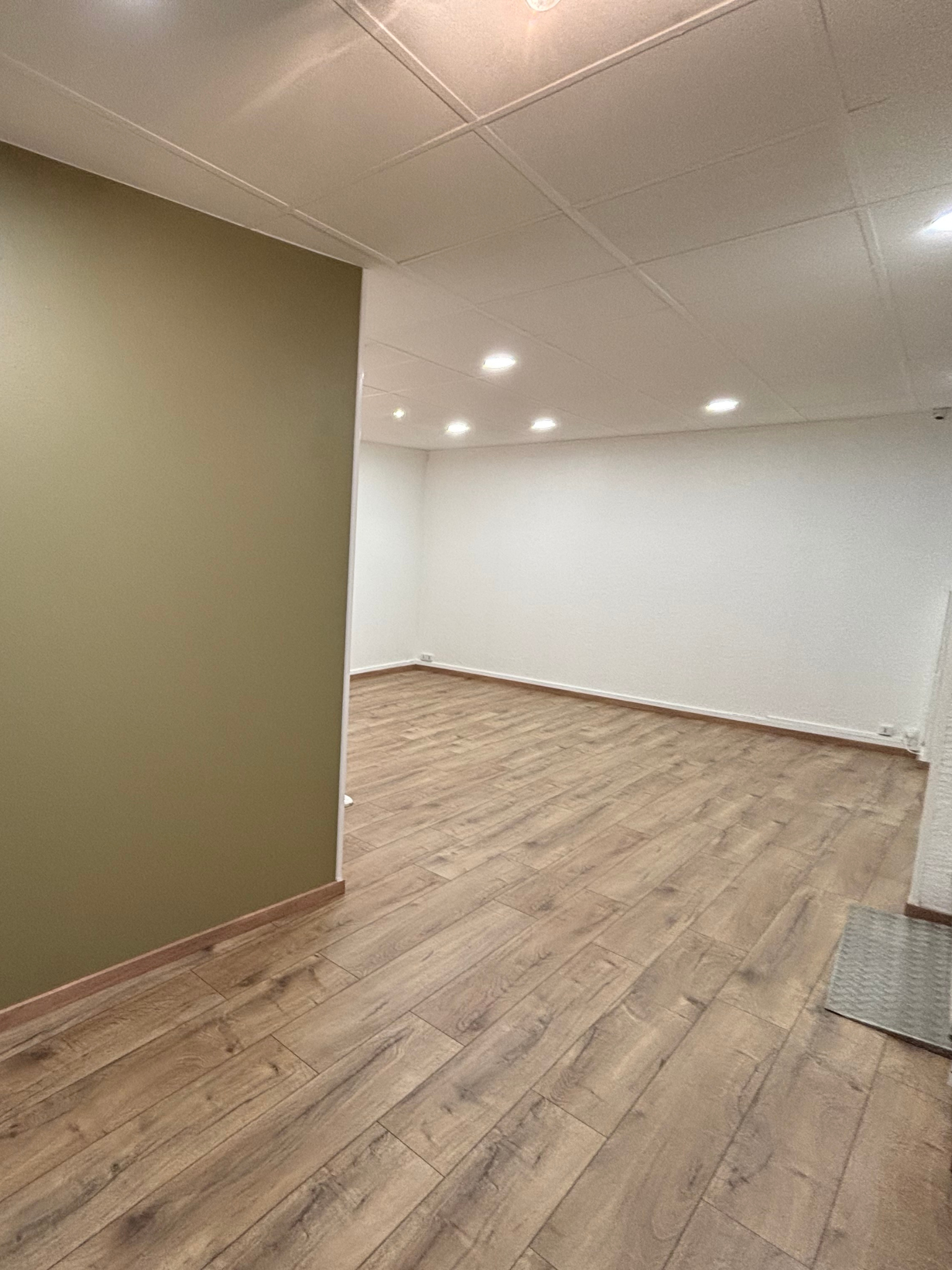 Travaux de rénovation d’un local commercial à Rambervillers avec dépose de cloison, peinture des murs et plafonds, installation d’un parquet stratifié et pose d’une porte intérieure.